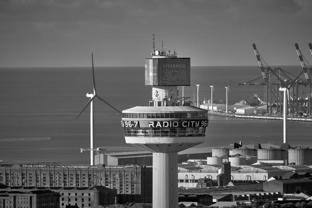 Black and white image of Radio City Tower Liverpool
